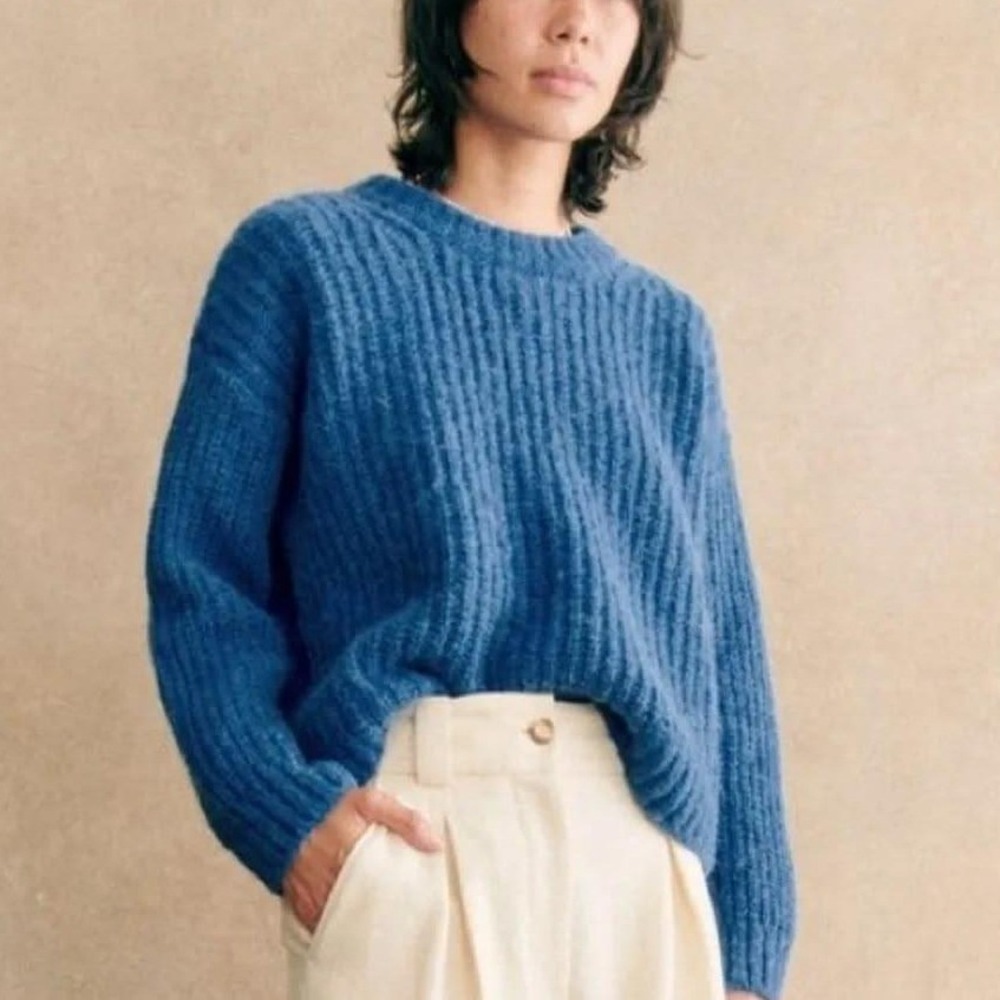 Sezane Jose Jumper Sweater L Azure Blue Alpaca Wool Chunky Knit Boxy